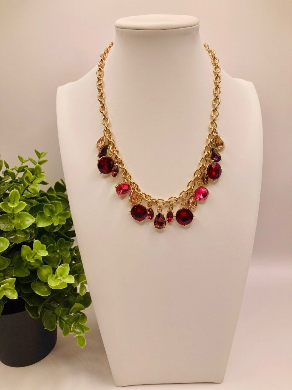 Beautiful Gold Chain Necklace With Red & Pink Gemstone Accents -67B